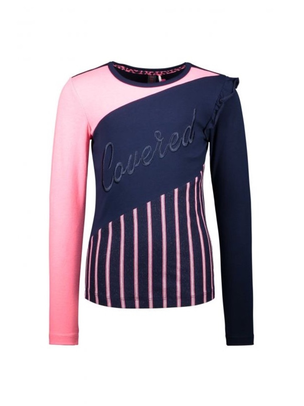 Girls' Navy & Pink Long-Sleeve Colorblock Top with Embroidered Detail
